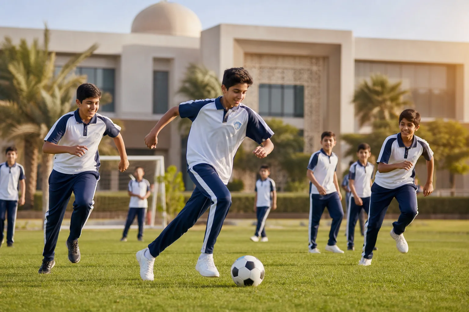 Students enjoying football on the school field